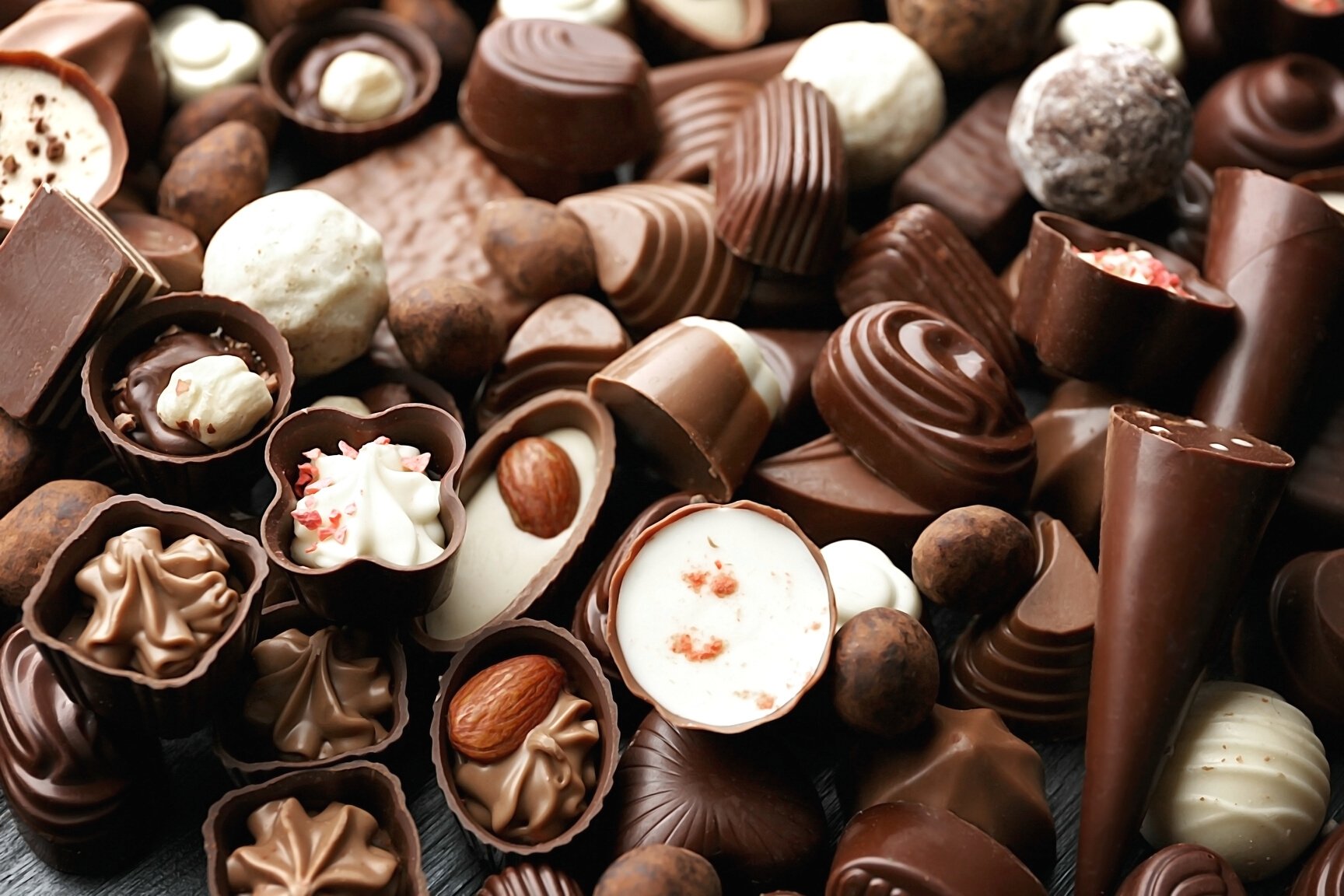 Assortment of Delicious Chocolate Candies Background, Close up